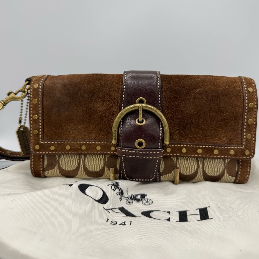 Coach Signature Stud Clutch/Wristlet with Brown Suede & Tan Signature Pattern